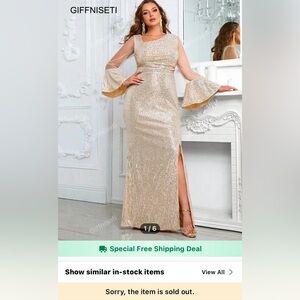 Champagne gold embellished gown with off the shoulder neckline and bell sleeves